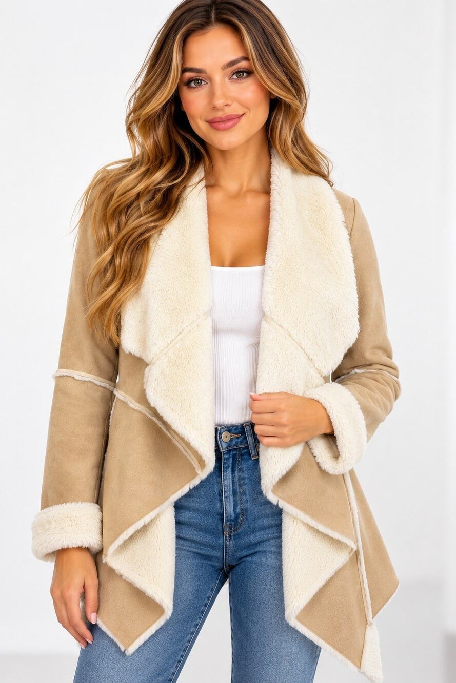 SheIn Women’s S Beige Mid-Length Open Front Faux Fur Trim Long Sleeve Jacket